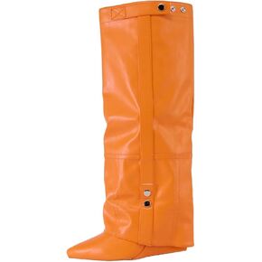 Atuelang Women's Metallic Silver Boots Knee High Fold Over Wedge Heels Pointed Toe Pull-On Tall Boots