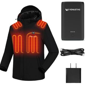Venustas Men's Heated Jacket (Black, 2X-Large) with Battery Upgraded Pack, Plus 35W Fast-Charging Adaptor, Up to 20H of Runtime