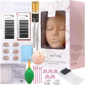 Eyelash Extension Kits, 17Pcs Professional Eyelash Grafting Training Tools Lashes Extension Practice Exercise Set with Mannequin Head Makeup Bag Glue Tweezers for Practice Eye Lashes Graft (17PCS)