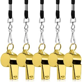 5 Packs Stainless Steel Whistle, FineGood Loud Metal Whistle with Lanyard for Referees Coaches Lifeguards Survival Emergency Football Basketball Soccer Hockey - Gold