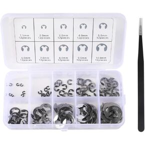 120pcs E-Clip Circlip External Retaining Clips Assortment Set 304 Stainless Steel Circlip Kit Anti Walk Washers 1.5/2 /3/4/5/6/7/8/9/10mm