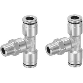 YOKIVE 2 Pcs Push to Connect Fittings, 1/8" NPT Male Pneumatic T Shaped Connector Air Line Tee | Pneumatic Tools, Great for Air Tube (Silver, 1/4-Inch)