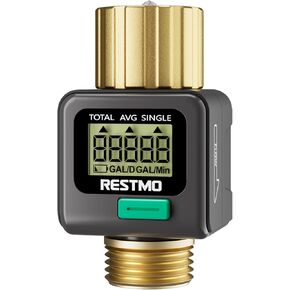 RESTMO Water Flow Meter with Brass Inlet & Outlet, Measure Gallon/Liter Consumption and Flow Rate for Outdoor Garden Hose Watering, RV Water Tank Filling, Lawn Sprinkler and Nozzle Sprayer