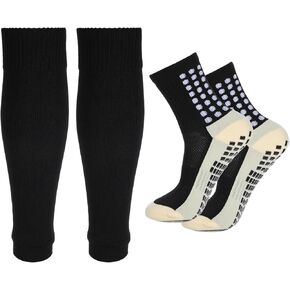 Soccer Grip Socks,Cut Socks Soccer with Shin Guard Sleeves Black Soccer Socks Soccer Sleeve Socks Soccer Leg Sleeves Anti Slip Athletic Grip Socks for Soccer Basketball Hockey Run,One Size