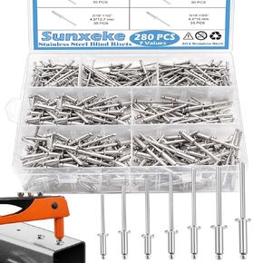280pcs 304 Stainless Steel Pop Rivets Assortment Kit,7 Sizes Stainless Rivets 1/8 5/32 3/16inch Assorted Blind Rivets,Used for DIY Home Use, Connecting Plastics, Wood, Handles and Laminates