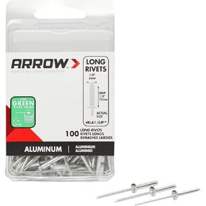 Arrow RLA1/8IP Long Aluminum 1/8-Inch Pop Rivets for Metal, Fabric, Leather, and Auto Repair, 100-Pack