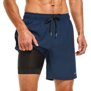 HODOSPORTS Mens Swimsuit Trunks 7" Quick-Dry Swim Shorts with Compression Liner and Zipper Pockets