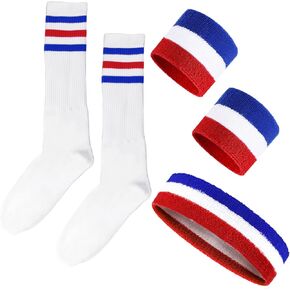 5 Pieces Sweatbands Set and Striped Socks 80s Sweatbands 90s Costume Wrist Sweat Bands for Men and Women Sports Headbands