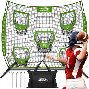 Football Throwing Net,7x7FT Football Practice Net with 5 Pockets Target Quarterback Football Training Equipment for Youth/Adult Improve Accuracy and Mechanic,Includes Carry Bag,Ground Stakes