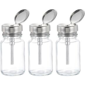 HARFINGTON 3 Pcs 3.4Oz / 100ML Glass Pumping Dispenser Bottle Square Liquid Pumping Press Push Down Empty Alcohol Container with Metal Flip Cover for Makeup Remover Dispensing Alcohol