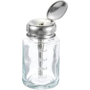 HARFINGTON 2.7Oz / 80ML Glass Pumping Dispenser Bottle Square Liquid Pumping Press Push Down Alcohol Container with Metal Flip Cover for Makeup Remover Dispensing Alcohol