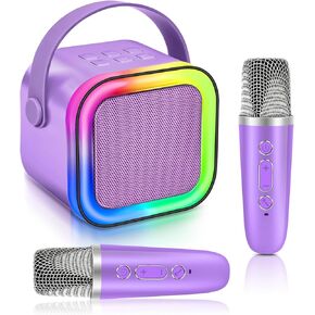 Mini Karaoke Machine for Kids with Colored LED Lights, Mini Bluetooth Speaker with 2 Wireless Microphones, Purple Portable Karaoke Machine at Outdoor, Gifts for Girls & Boys at Party, Birthday