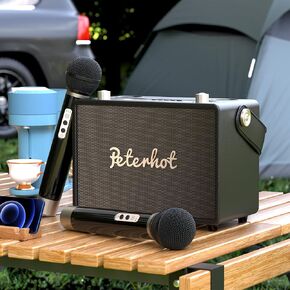 Vintage Karaoke Machine with Dual Cordless Microphone, Rechargeable Portable Bluetooth Sound System for Kids and Adults, Party Speaker with AUX/USB/TF/OTG Compatibility, Retro Decor Present