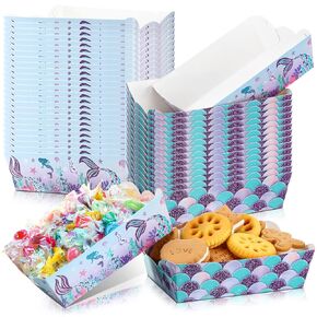 Pinkunn 60 Pack Mermaid Party Paper Food Trays, Mermaid Birthday Party Supplies Mermaid Themed Nacho Trays Paperboard Tray Mermaid Hot Dog Trays Food Boats for Mermaid Birthday Party Decorations