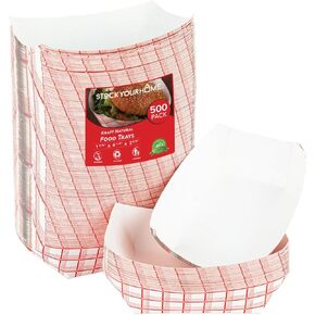 Stock Your Home Paper Food Boats (500 Pack) 1 Lb Disposable Red & White Checkered Paper Food Trays, Eco Friendly Paper Food Trays, Serving Boats for Concession Food & Condiments, Paper Nacho Trays