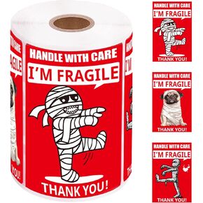 Funny Fragile Stickers | Mommy and Dog Design | 3 × 2 inches 500 Fragile Labels for Shipping Moving Glass Permanent Adhesive Fragile Labels