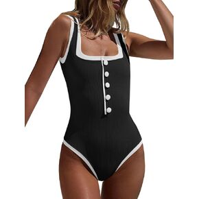 Saodimallsu Womens One Piece Swimsuit Vintage Ribbed Slimming High Cut Color Block Button Square Neck Bathing Suit