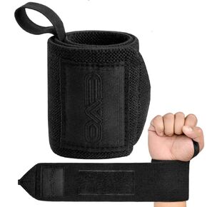Pair of 18" Deep Black Weight Lifting Wrist Wraps Support Elasticated Cotton Straps Thumb Loop Powerlifting Bodybuilding Strength Gym Training Workout (Black)