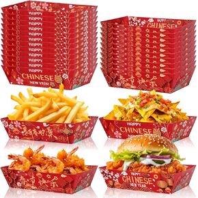 HOWAF 24pcs Chinese New Year Food Trays Red Spring Festival Disposable Trays Lunar New Year Food Boats Burger Fries Popcorn Holder Paper Plate for Year of the Snake Party Celebration Decoration