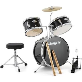 Drum Set, 3 Piece Junior Drum Set with with Cymbal, Tom, Bass Drum, Drumsticks, Bass Pedal and Drum Stool, Beginner Musical Instruments,Black