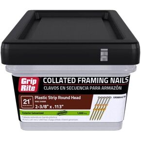 Grip-Rite GR08RHG1M 2-3/8" x .113", 21-Degree Plastic Strip Round Head Framing Nails, Ring Shank, Galvanized, 1M Plastic Tub (1000 Count)