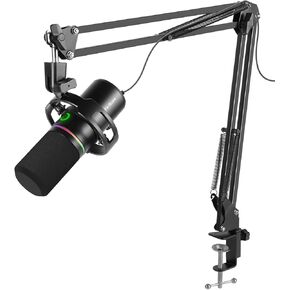 XLR USB Dynamic Microphone with RGB Light, Volume Control, Mute Button, 3.5mm Headphone Jack. Compatible with Mixers, Sound Cards, PC, MAC, PS4, PS5 (Microphone with Boom Arm)