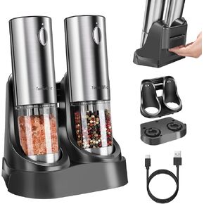 [Upgraded Larger Capacity]Electric Salt and Pepper Grinder Set Tomentific, Automatic Pepper Mills with Easy-to-Carry Dual Charging Station and Adjustable Coarseness, LED Light, Stainless Steel