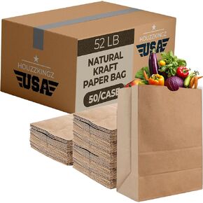 Brown Paper Bags | 52 Lb. – 50 Pack | Large Paper Grocery Bags Bulk Heavy Duty Disposable Kraft Paper Shopping Bags Sacks for Small Business, Restaurant Retail Store Supplies, Food Truck Accessories