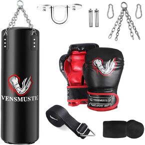 Punching Bag for Kids, 2FT PU Boxing Bag Set, Kids Punching Bag with 6oz Boxing Gloves, Hand Wraps, Hanging Straps, Chains, etc. Suitable for MMA Karate Kickboxing Boxing - Unfilled