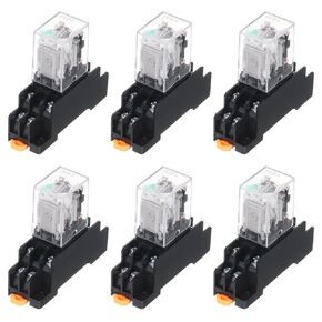 MECCANIXITY 6 Set DC12V Electromagnetic Power Relay 8-Pin AC/DC DPDT 2NO+2NC Relay Coil with Socket Base for Industrial, Home Appliances and DIN Rail System with LED Indicator