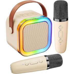 Portable Karaoke Machine with Dual Microphones, Hi-Fi Bluetooth Speaker with Colorful Lights, Supports TF Card, USB, AUX, Mini Size for Travel, Parties, and Outdoor Use (Beige)