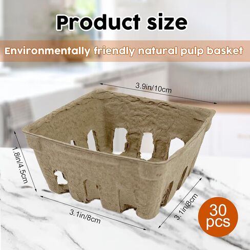 30 Pcs Natural Pulp Fiber Berry Basket, Molded Berry Basket Produce Vented Container for Strawberry Blueberry Raspberry and Vegetable Small Farmer Market Grocery Stores, Backyard Party 3.9x3.9x1.8inch in Saudi Arabia