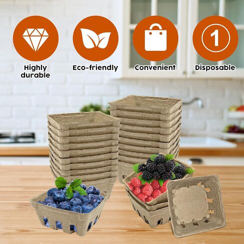 30 Pcs Natural Pulp Fiber Berry Basket, Molded Berry Basket Produce Vented Container for Strawberry Blueberry Raspberry and Vegetable Small Farmer Market Grocery Stores, Backyard Party 3.9x3.9x1.8inch in Saudi Arabia