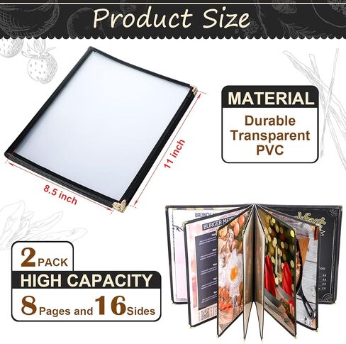 TaoBary 8.5 x 11 Inch Menu Covers Fits A4 Size Paper Transparent Restaurant Menu Covers Menu Holder with Leatherette Trim and Decorative Metal Corners Bar Cafe Restaurant, Black (2 Pcs) in Saudi Arabia
