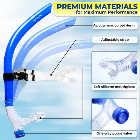 Swim Snorkel with One-Way Purge Valve, Swimming Training Accessories for Lap Swimming Adult/Kid/Youth, Comfortable Center Mount Swimming Snorkel, Training Gear for Pool and Open Water in Saudi Arabia