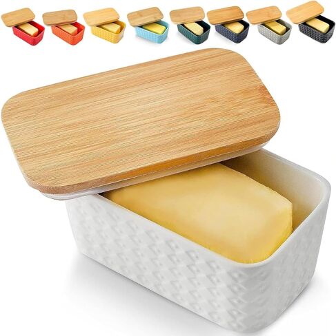 Hasense Large Butter Dish with Lid for Countertop - Farmhouse Ceramic Butter Container Holder with Cover for Fridge,Silicone Sealing,White Embossed Pattern,Holds Two Sticks of Butter in Saudi Arabia