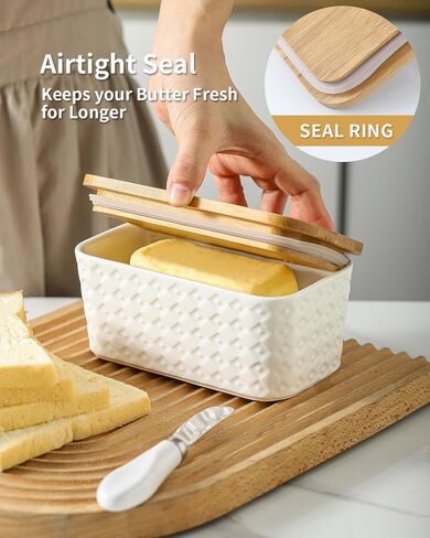 Hasense Large Butter Dish with Lid for Countertop - Farmhouse Ceramic Butter Container Holder with Cover for Fridge,Silicone Sealing,White Embossed Pattern,Holds Two Sticks of Butter in Saudi Arabia
