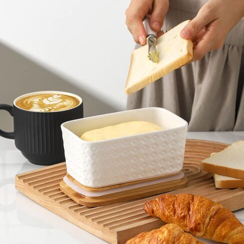 Hasense Large Butter Dish with Lid for Countertop - Farmhouse Ceramic Butter Container Holder with Cover for Fridge,Silicone Sealing,White Embossed Pattern,Holds Two Sticks of Butter in Saudi Arabia