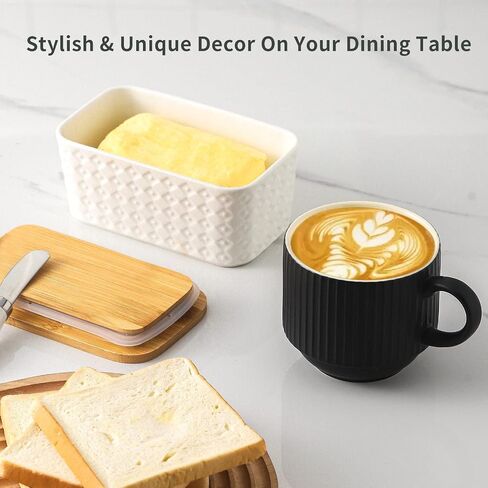 Hasense Large Butter Dish with Lid for Countertop - Farmhouse Ceramic Butter Container Holder with Cover for Fridge,Silicone Sealing,White Embossed Pattern,Holds Two Sticks of Butter in Saudi Arabia