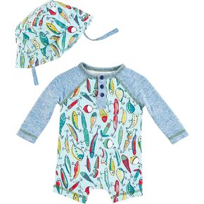 Mud Pie Boys Shark Rash Guard One Piece & Hat Set