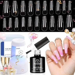 Beetles Gel Nail Kit Easy Nail Extension Set 5 In 1 Nail Glue Gel Base Coat with Pre shaped Medium Almond Soft Gel Nail Tips and Led Nail Lamp Acrylic Nail Clipper for Nail Art Diy Home