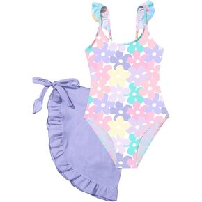 MakeMeChic Girl's One Piece Swimsuit Floral Print Ruffle Sleeveless Monokini with Cover Up Skirt