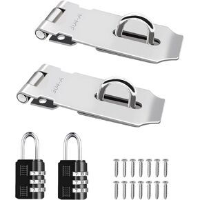 2Pcs Door Locks Hasp Latch,5 Inch 304 Stainless Steel Safety Packlock Clasp Hasp Lock Latch,Hinge Lock Padlock with Screws for Gates,Doors,Cabinets, Closets and More