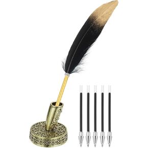 PATIKIL Purple Gold Feather Ballpoint Pens Bulk, Metal Holder Black Ink Vintage Quill Writing Pens with 5 Pieces Refill for Office, Wedding Signature, Gold