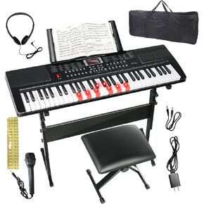 Keyboard Piano 61 Key Electric Piano Keyboard for Beginners/Professional, Full Size Light Up Music Keyboard Built-in Dual Speakers with LED Display, Stand, Music Stand, Microphone, Bench (Black A)