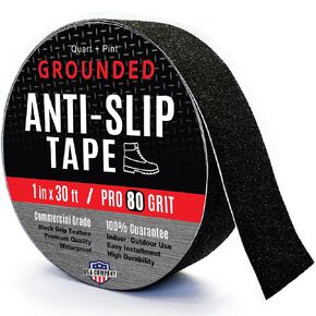 Grounded Stair Treads Non Slip Grip Tape, Black, 1" x 30 ft, 80 Grit - Indoor & Outdoor Anti Slip Tape for Shower, Waterproof Non Skid Traction Tape for Stair Treads for Wooden Steps