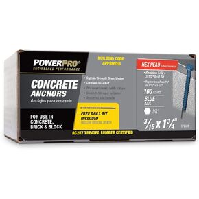 Power Pro Blue Hex Washer-Head Concrete Screw Anchors (3/16" x 1-3/4") - 100 pc