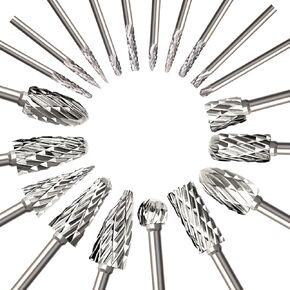 1/8" Shank Tungsten Carbide Rotary Burr Set, 20PCS Double Cut Carving Rotary Tool Accessories, Universal Fitment for DIY Woodworking, Grooving, Reaming, Polishing, Grinding