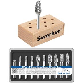 10 Pcs 1/4 Carbide Burr Set 1/4 Shank w/Big Beech Holder Die Grinder Bits Drill Bits Grinding Bits for Metal Rotary Tool Attachment Accessories Rasp Weld Wood Stone Compatible with Milwaukee Dewalt
