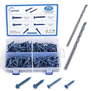 Concrete Screws Assortment Kit with Drill Bit, 216Pcs Concrete Screws 1/4"and3/16 Flat&Hex Head Masonry Block Brick Cement Screws and Anchors.Concrete Screws No Pre Drilling,Diamond Point,Blue Coated